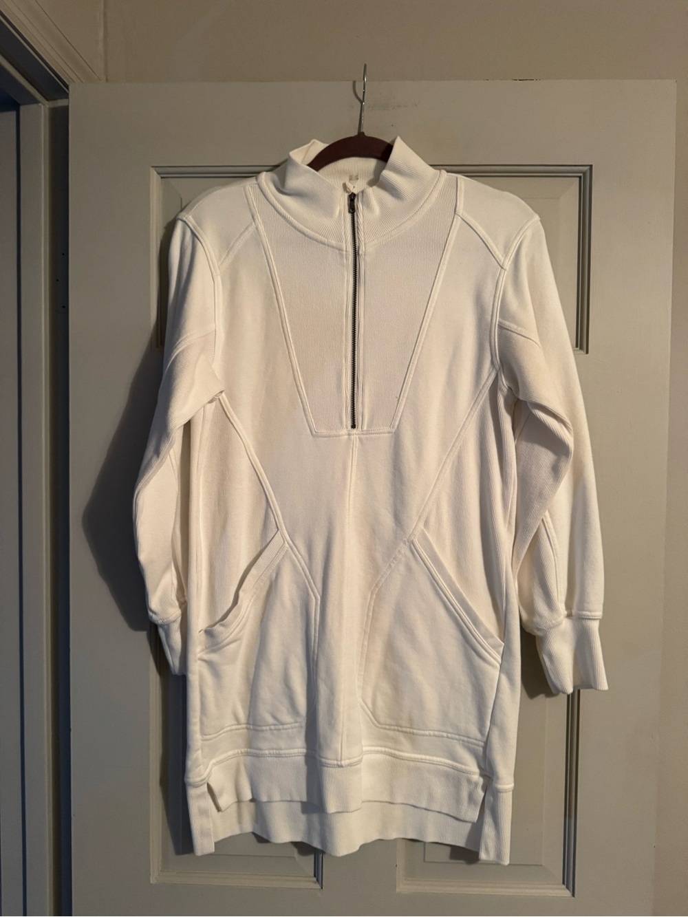 White Half-Zip Mini Dress with Kangaroo Pockets